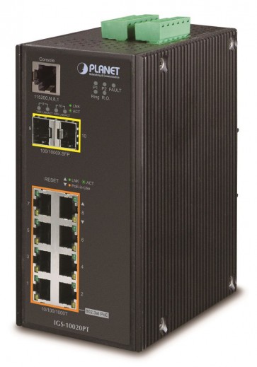 PLANET IGS-10020PT Průmyslový Switch, 8x 10/100/1000 PoE 802.3at (240W) + 2x 100/1000 SFP, Management, -40 +75°C IGS-10020PT