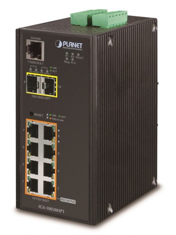 PLANET IGS-10020HPT Průmyslový Switch 8x 10/100/1000 PoE+ (270W) + 2x 100/1000 SFP, Management, -40 +75°C, 12-48VDC IGS-10020HPT
